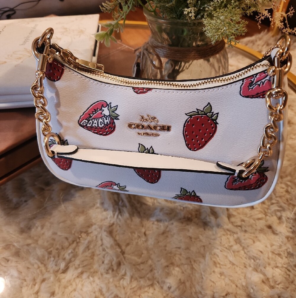 COACH White Leather Mini Bag with Strawberry Print and Gold Hardware - Picture 3 of 9